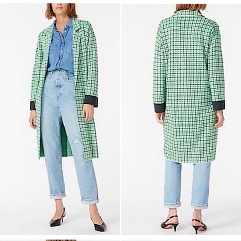 J. Crew Ella Open Duster Cardigan Sweater Green Houndstooth Small‎